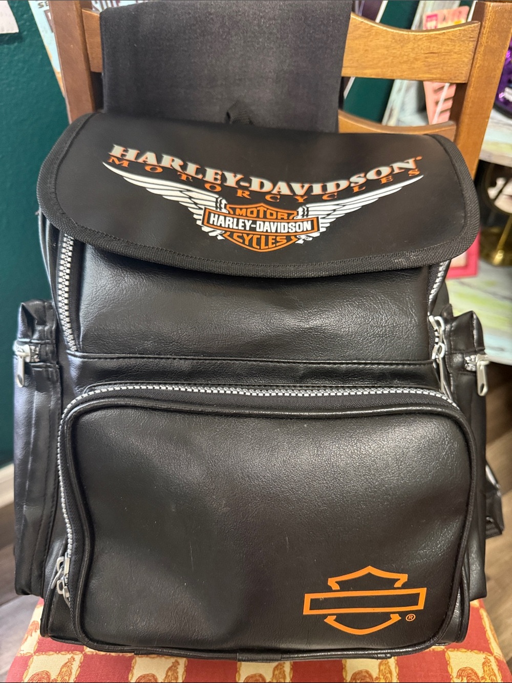Harley-Davidson Black Backpack with Orange Logo and Wing Graphic - Picture 14 of 16